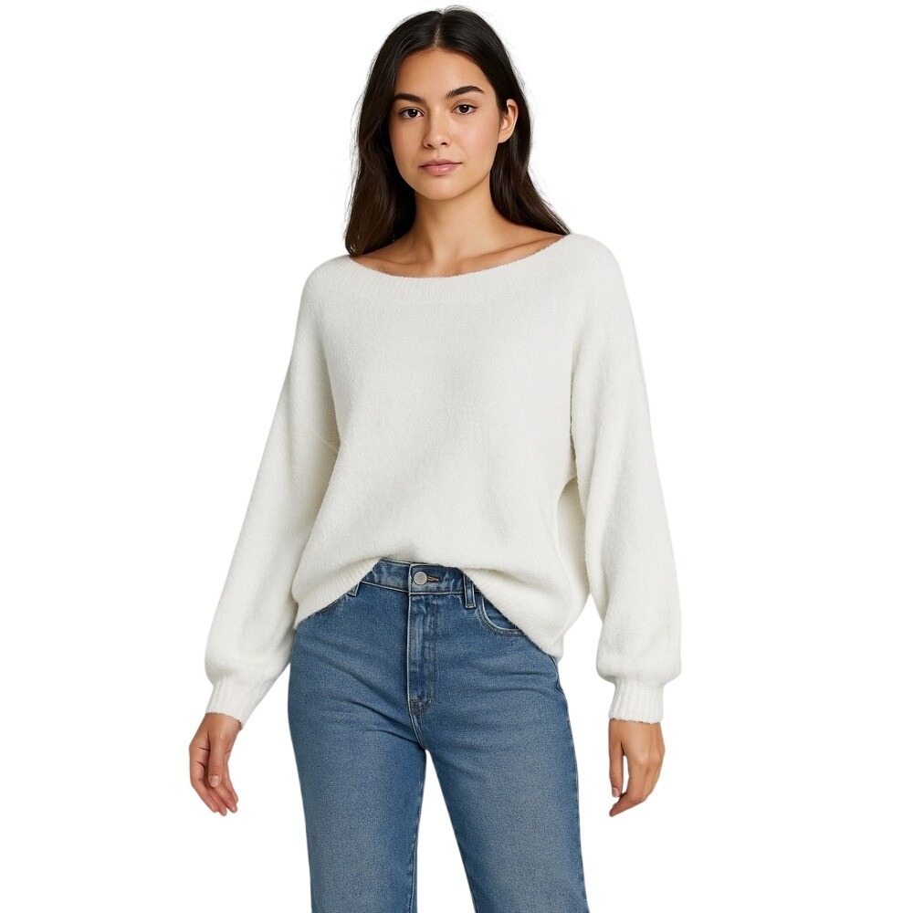 White Boatneck Balloon Sleeves Fuzzy Sweater M Boho Minimalist Aspen Ski Resort